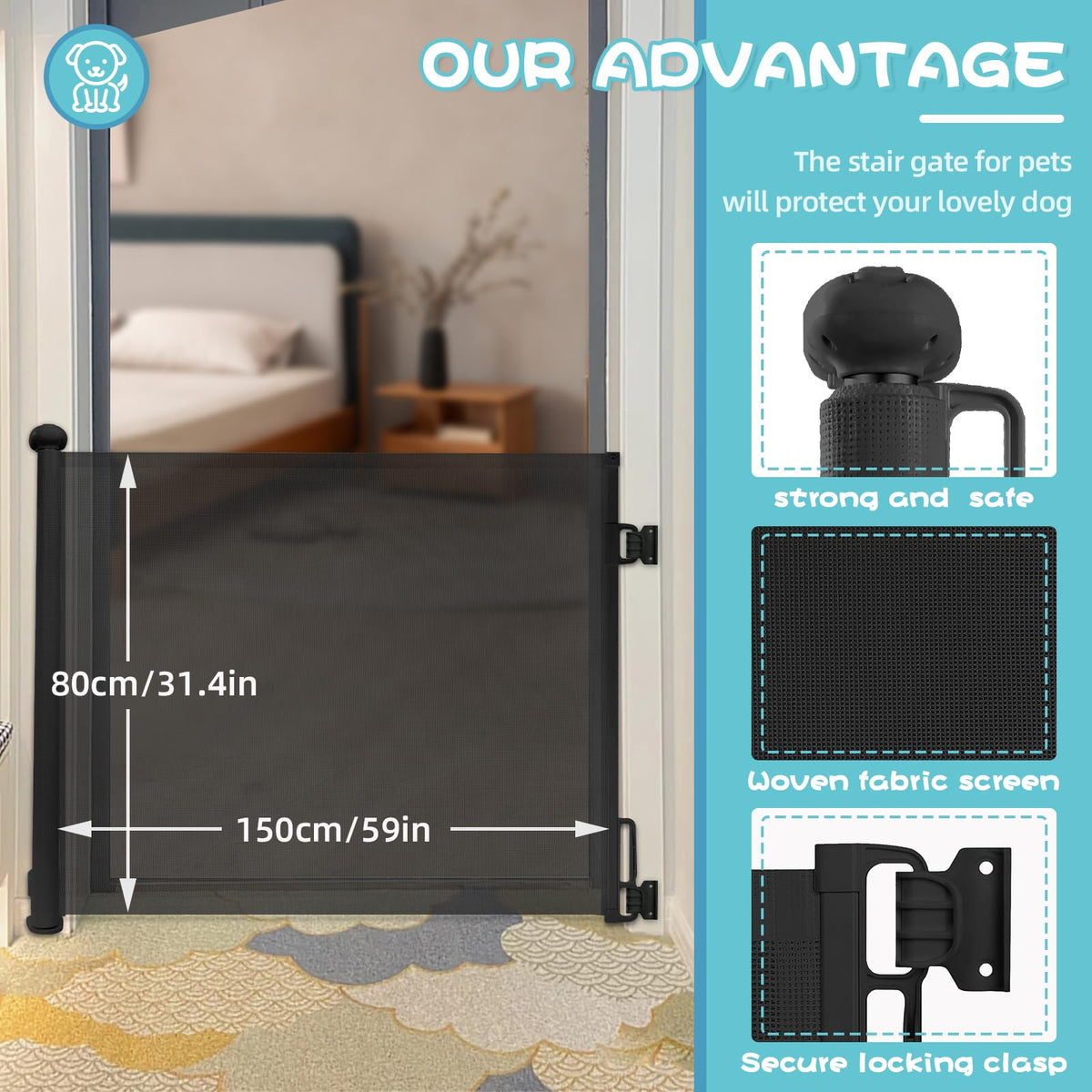 Rainberg Retractable Stair Gate for Baby & Pet with Secure 2-Step Lock 150cm Wide & 80cm Tall, One Hand Operated Baby Gate, Child Safety Gate for Doorways Stairs, Hallways, Kitchen (Grey)