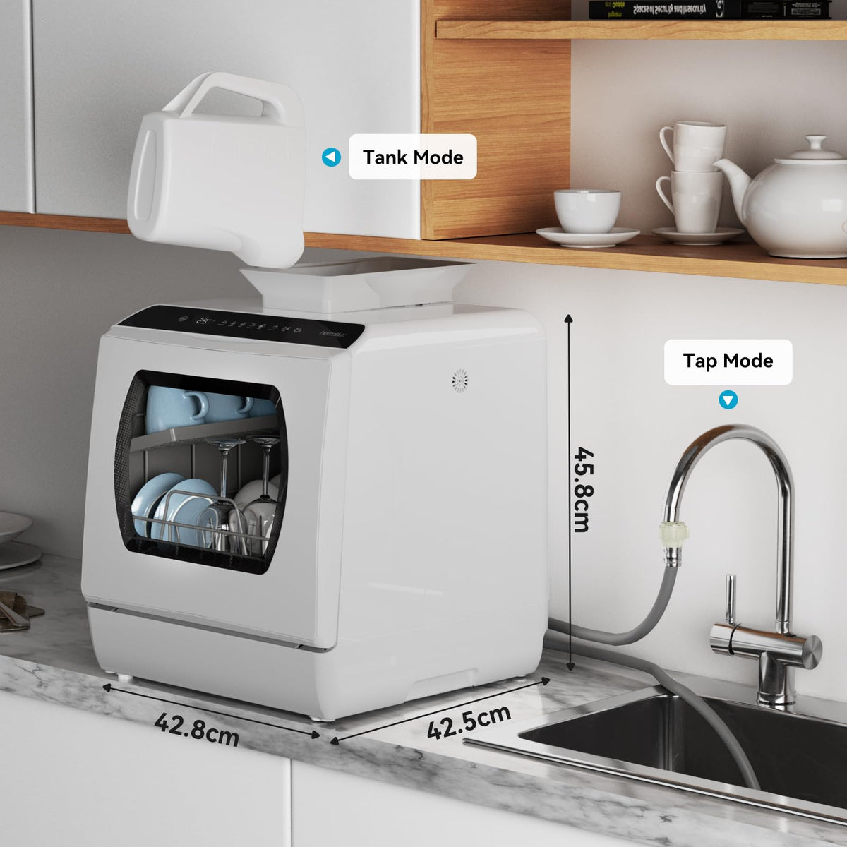 Hermitlux Table Top Dishwasher, Mini Countertop Dishwasher with 4 Place Settings, 5L Built-in Water Tank, 6 Programmes, Touch Control, Baby Care and Fruit Wash, White