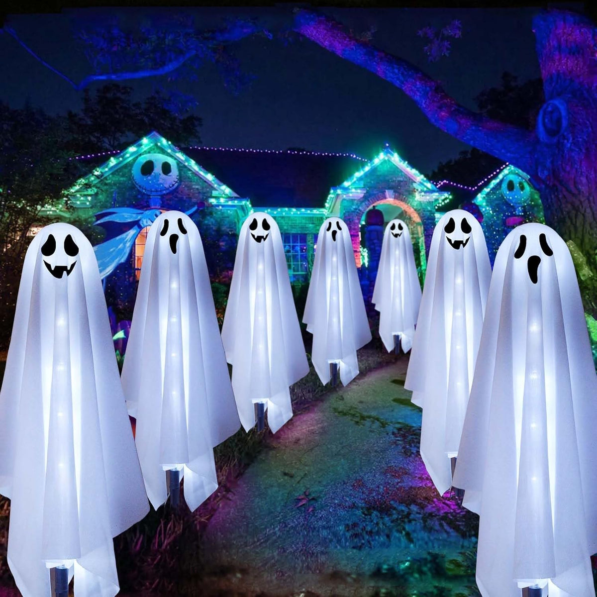 Set of 6 Solar Ghost Stake Lights, Halloween Decorations Outdoor, Scary Spooky Garden Patio Grave Lawn Porch Pathway Lights for Outside Yard Trick or Treat Halloween Party Decor Cool White
