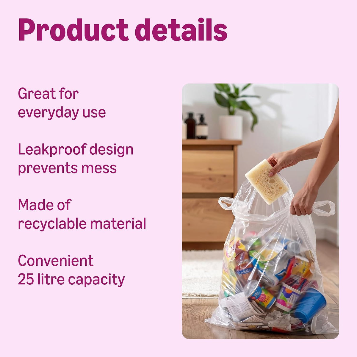 by Amazon Bin Liners with Carry Handles, 25 Litre, Transparent, 30 Count