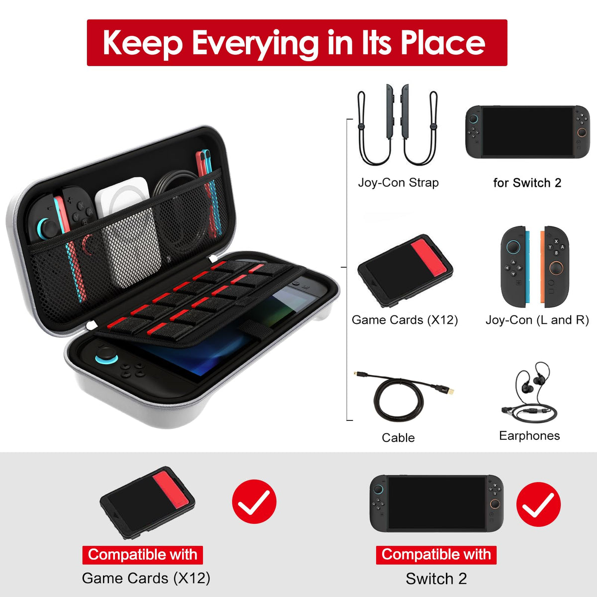 ivoler Carry Case for Nintendo Switch 2 (2025 Model) – Protective Portable Hard Shell Pouch Carrying Travel Game Bag for Nintendo Switch 2 Accessories Holds 12 Game Cartridge– Black