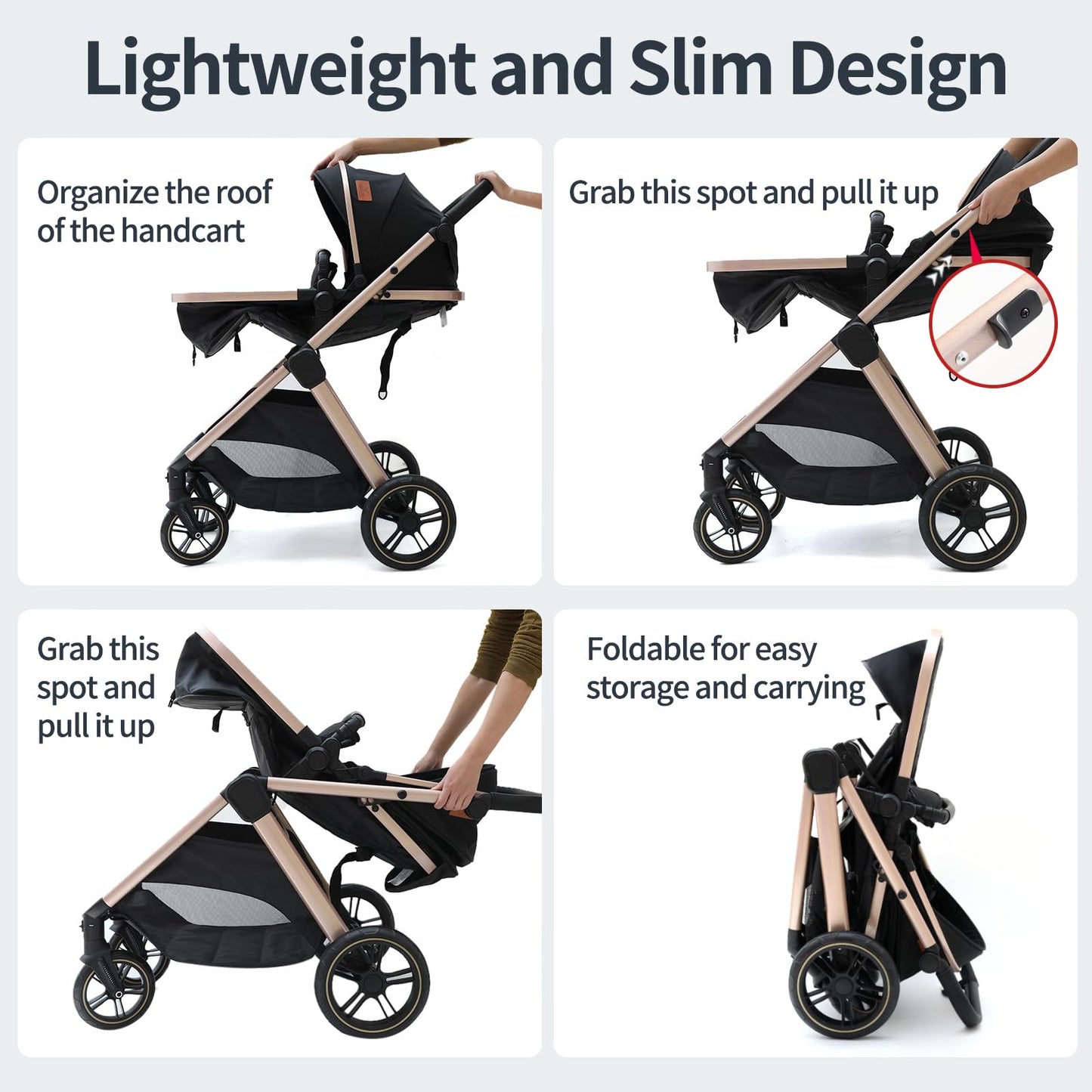 PU Leather 3 in 1 Pushchair Travel System, Toddler Stroller, Baby Pram 3 in 1, Infant Carriage with One-Click Folding, Newborn Buggy with Aluminum Frame (V6 Black)