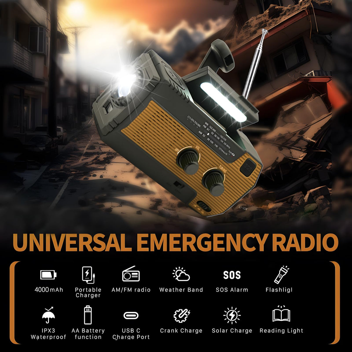 SOLARBABY Wind Up Solar Radio, Emergency Hand Crank Self Powered AM/FM Survival Solar Weather Radio with LED Flashlight,SOS Alarm,2000mAh Emergency Power Bank for Smart Phone (M-Orange)