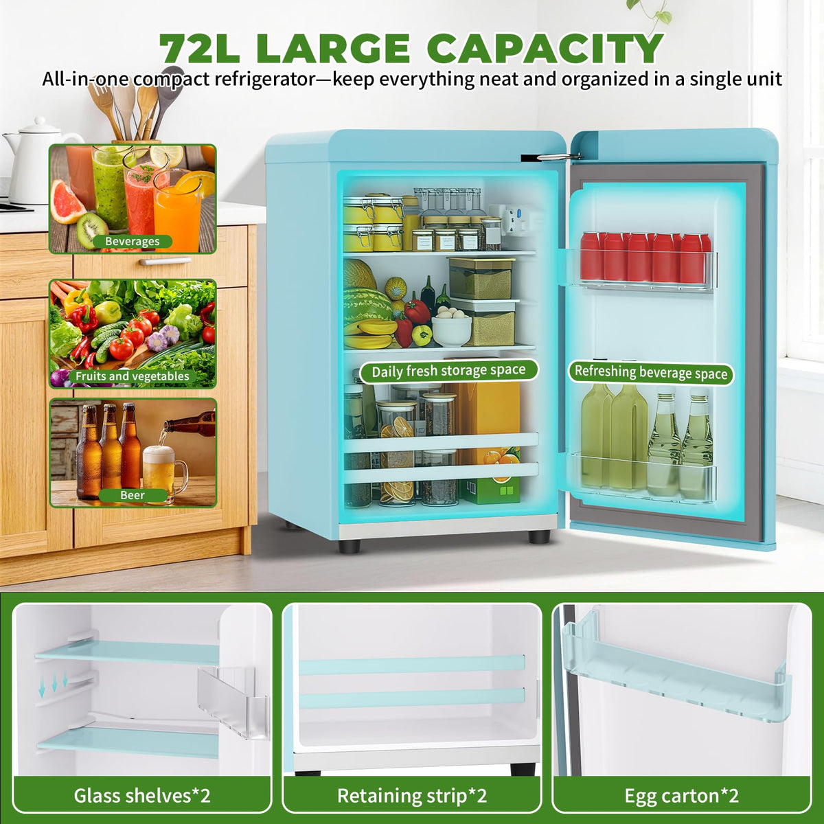 LIKEEM Retro Mini Fridge 72L, 43dB Quiet, Vintage LED Cooler, 7 Temp