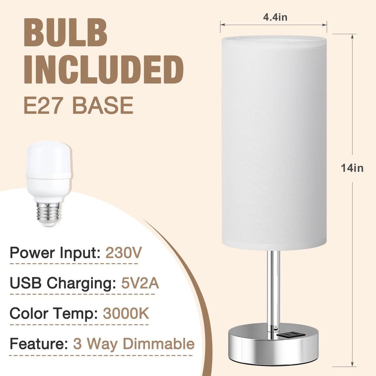 Aooshine Grey Table Lamp, 3-Way Dimmable, USB A + C Charging