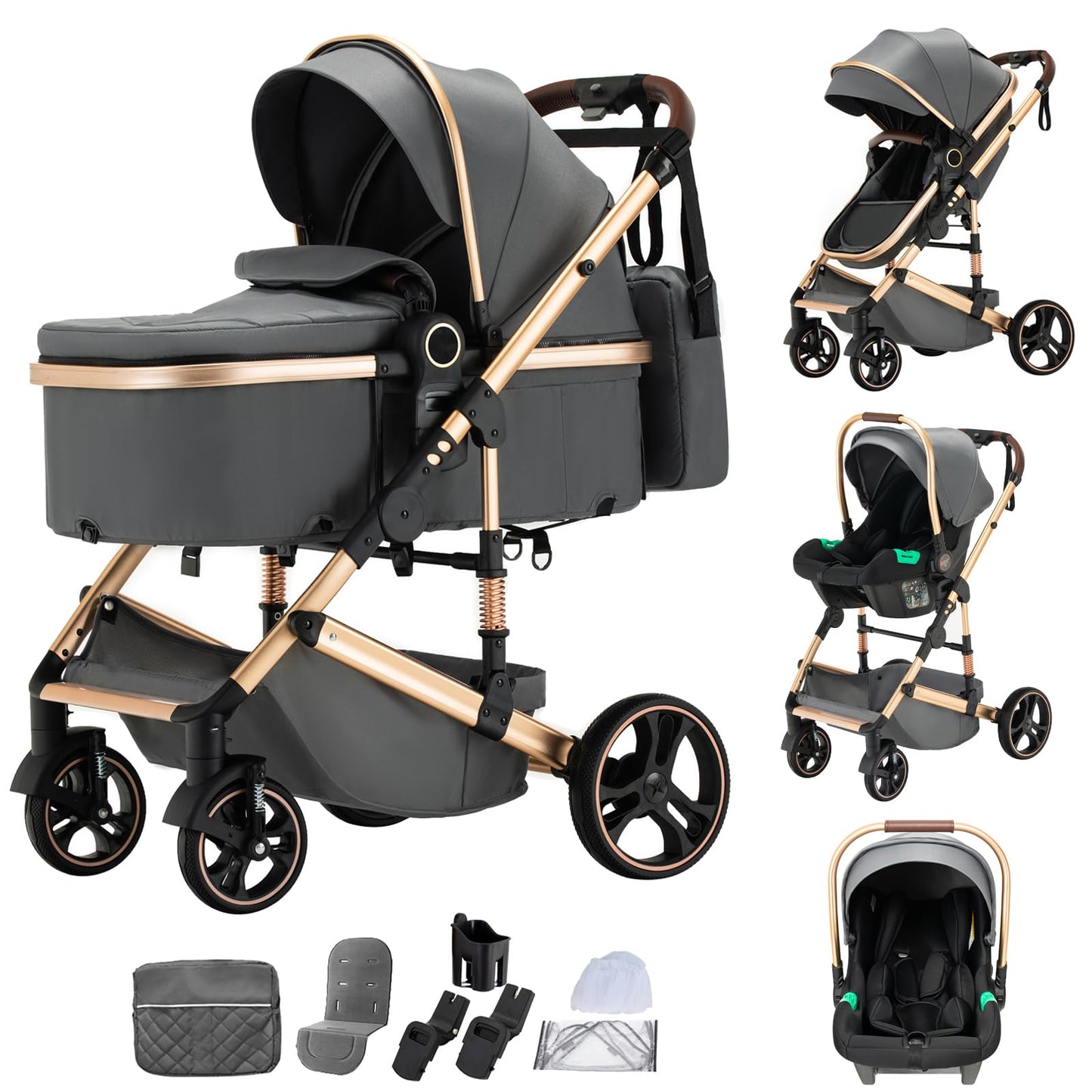 Stroller 3 in 1 Travel System Aluminium Frame High Landscape Combined Strollers Lightweight Folding Pram for Newborns Toddlers 0-36 Months from Birth Aluminium Pushchair (D2/Pink, H2-D)