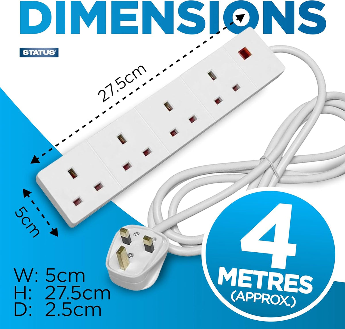 STATUS 4 Way Socket Extension Lead, 4m Cable with Neon Power Indicator, 13A Multi-Plug Strip for Home or Office, Wall Mountable, White (S4W4MS6)