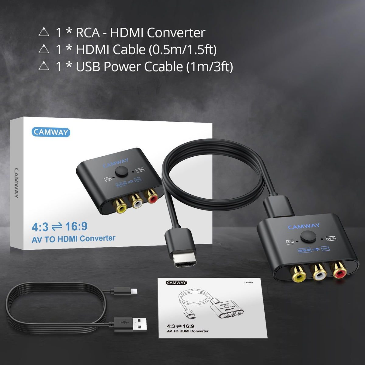 CAMWAY RCA to HDMI Converter, 1080P AV Adapter, 4:3/16:9, No HDMI Cable