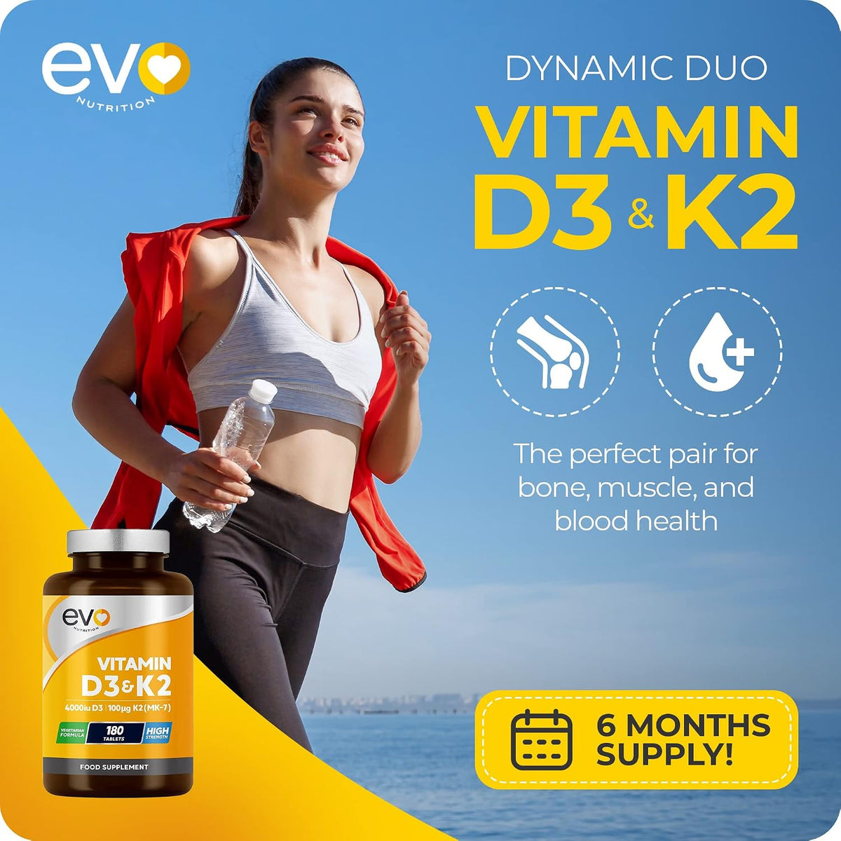 EVO Nutrition Vitamin D3 4000IU & K2 100mcg MK7, 180 Vegetarian Tablets