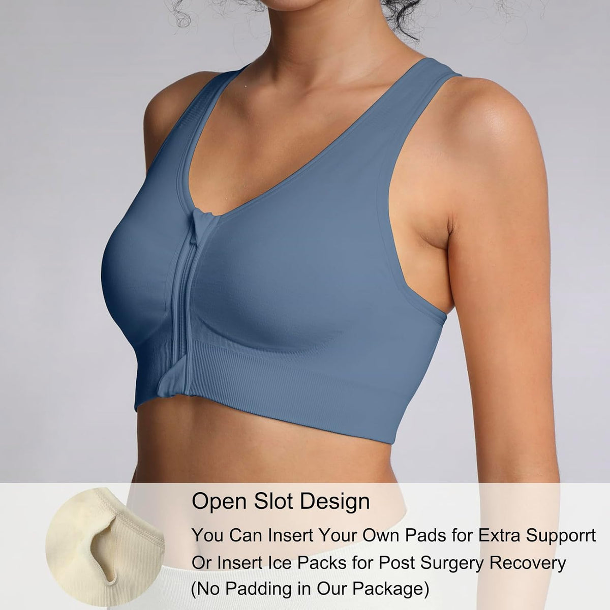 Lemef Front Zipper Sports Bras High Impack Post Op Compression Bras for Women Post Surgery Wireless Racerback Yoga Bra