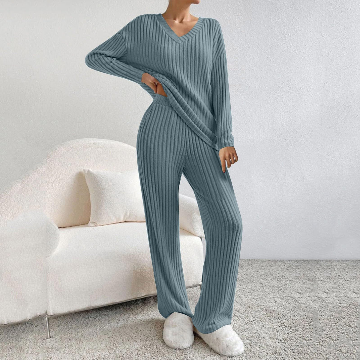 Lounge Wear Sets For Women Uk Womens Pyjamas Set Ladies Pyjamas Two Piece Outfit Fleece Tracksuits V-Neck Long Sleeve Jumpers And Wide Leg Trousers With Pockets Sleepwear Plain Casual Homewear