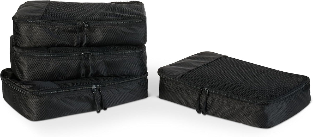 Amazon Essentials 4-Piece Packing Cubes Travel Accessories Set, Luggage Organiser with Double Zip, Mesh Top, 100% Polyester, Medium, Black (Previously Amazon Basics)