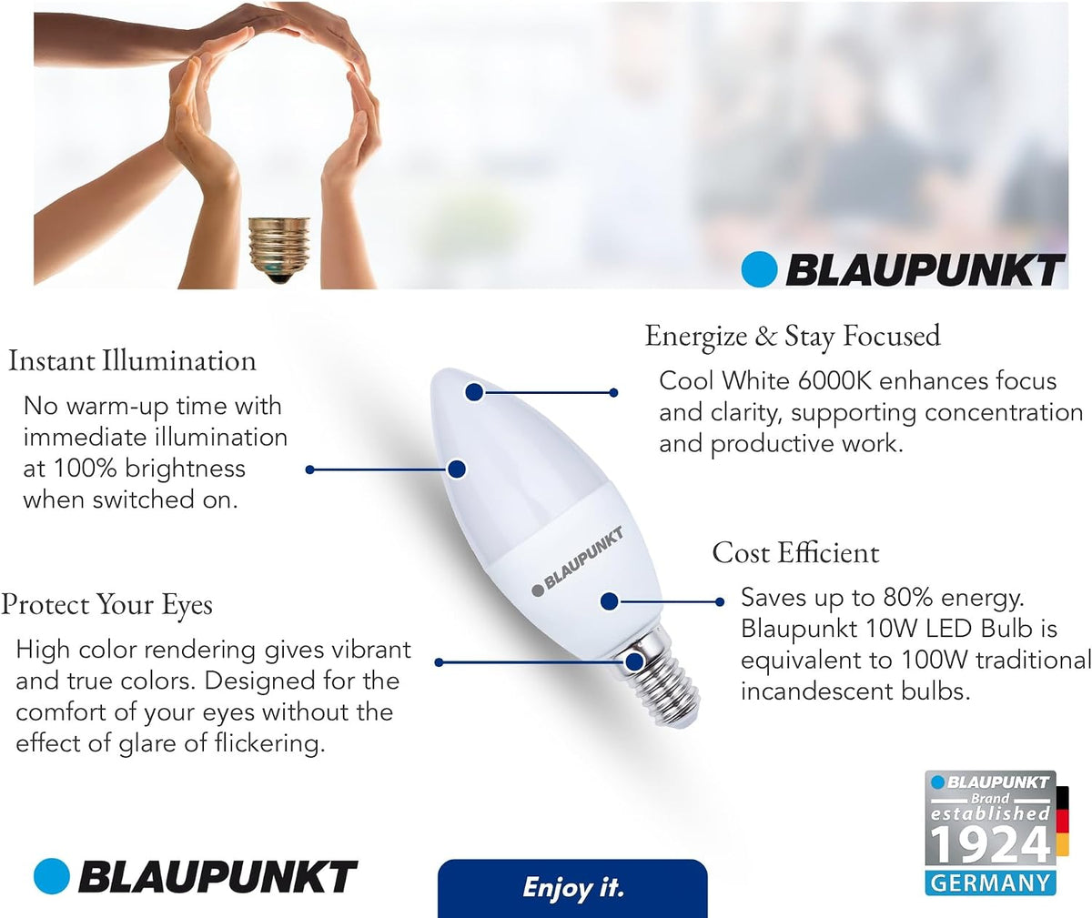 Blaupunkt E14 LED Light Bulb Candle Shape – 10W (Equivalent to 80W - 100W), 820 Lumens, 4000K Neutral White LED – Non‑Dimmable, E14 Screw Base, Energy‑Efficient Home Lighting – Pack of 1