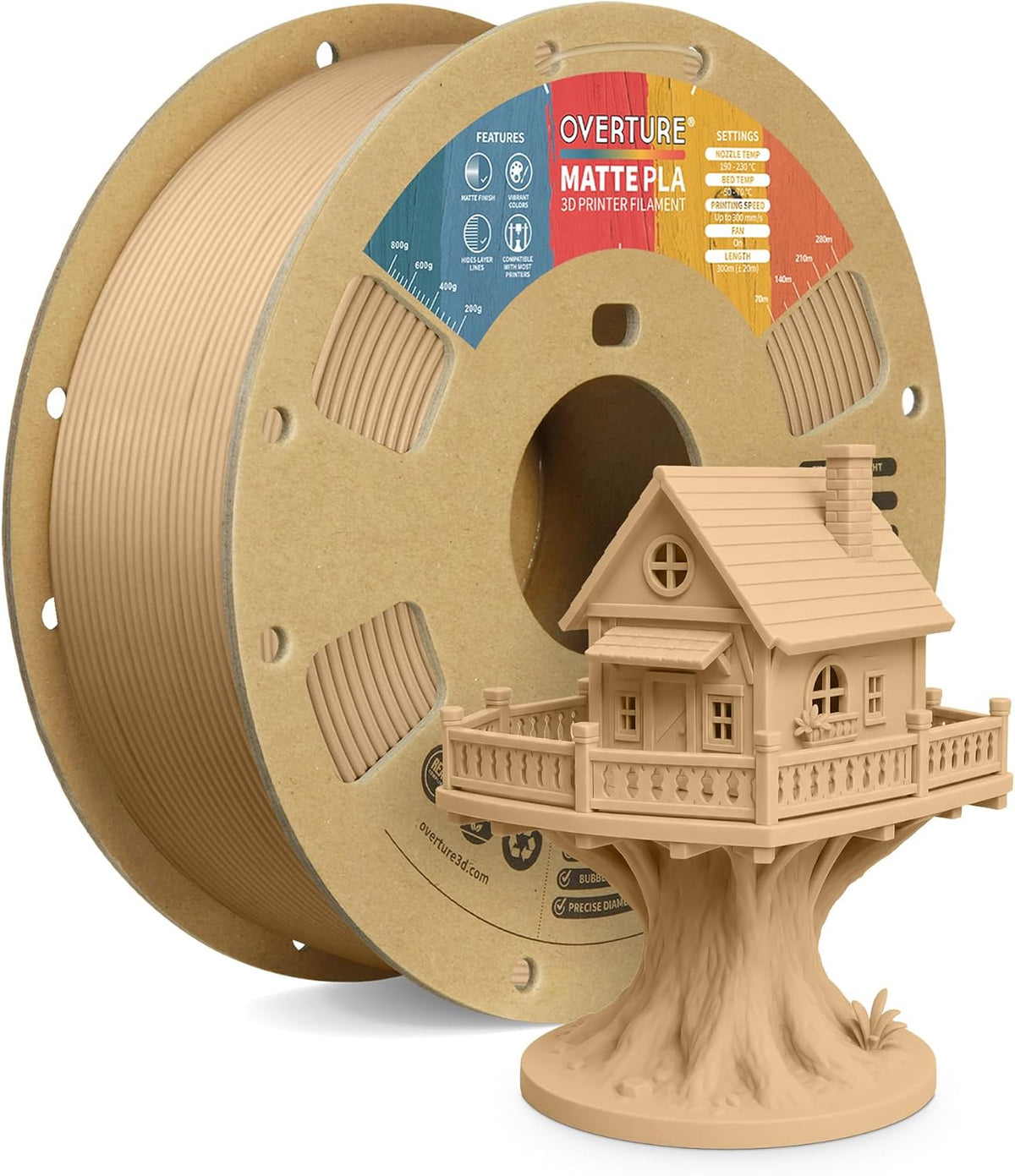 OVERTURE Matte PLA 3D Printer Filament 1.75mm, 1kg Light Brown