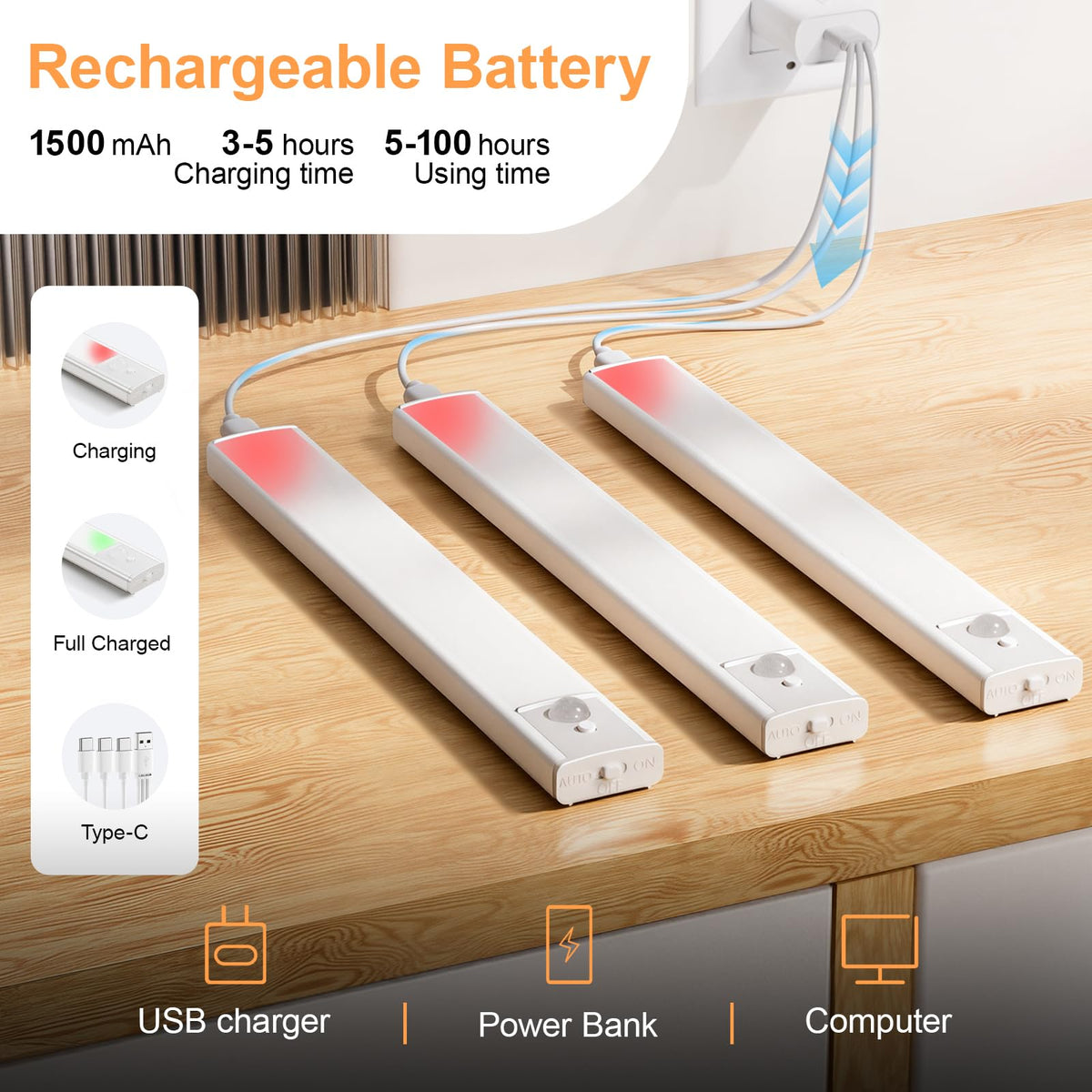 daphomeu 5 Pack Rechargeable Under Cupboard Kitchen Lights, 20CM Dimmable Warm Cabinet Light, LED Motion Sensor Lights Indoor, Magnetic Stick Light for Kitchen Shelf Stairs Wardrobe