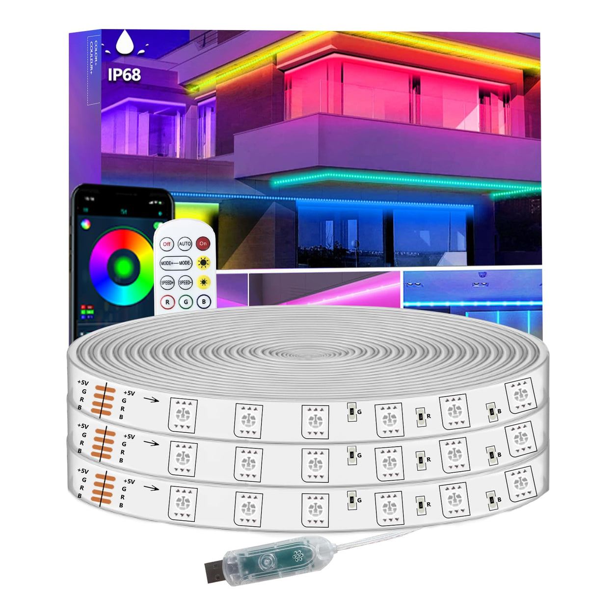 5m LED Strip Lights IP68 Outdoor Waterproof, 5V USB Powered, Music Sync Bluetooth APP/RF Remote Control Lights for Balcony,Deck,Camping,Garden,Bedroom Decor