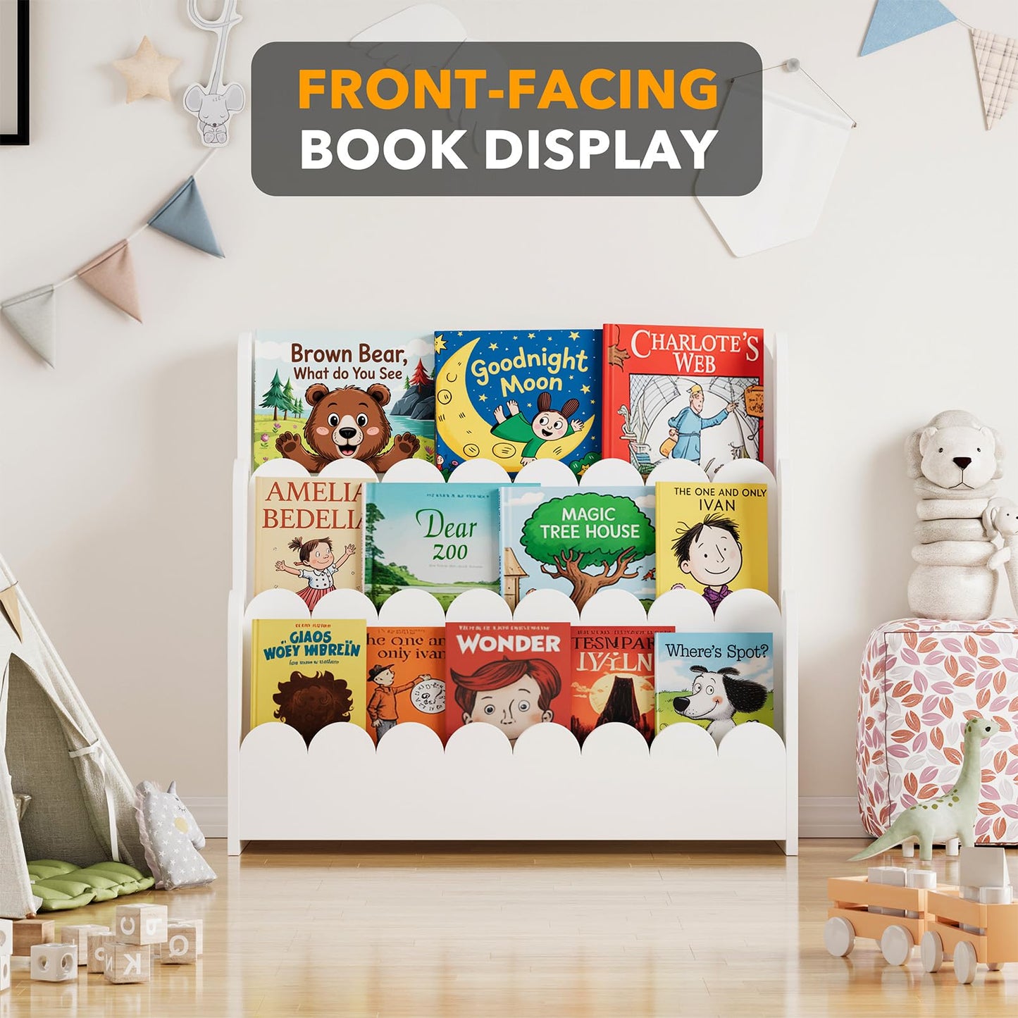 SpaceAid 3-Tier Scalloped Bookshelf, Montessori Bookcase for Toddlers, Wooden Book Shelf Organizer Display Furniture for Kids Rooms, Playroom, Nursery and Classroom, Natural