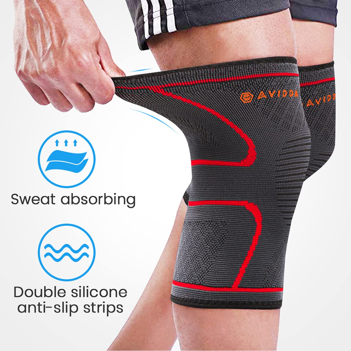 AVIDDA Knee Support Brace 2 Pack - Compression Knee Sleeves for Arthritis, Joint Pain, Ligament Injury, Meniscus Tear, ACL, MCL, Tendonitis, Running, Squats, Sports