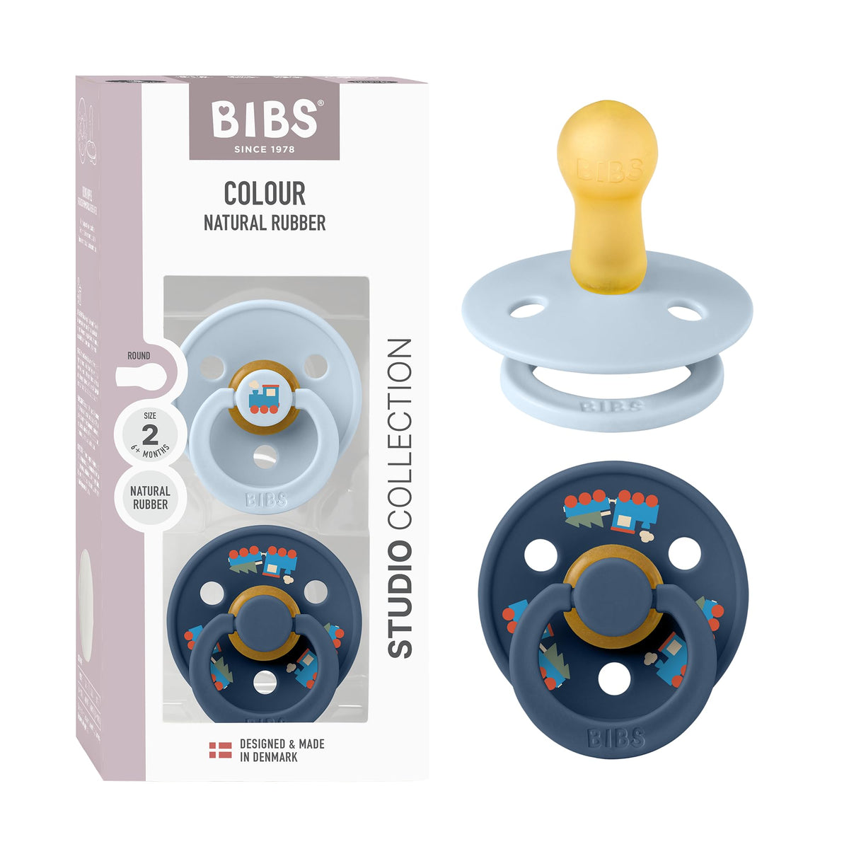 BIBS Colour Soother 2-Pack, BPA Free Dummy Pacifier, Round Nipple. Natural Rubber Latex, Made in Denmark, Size 2 (6-18 Months), Baby Blue