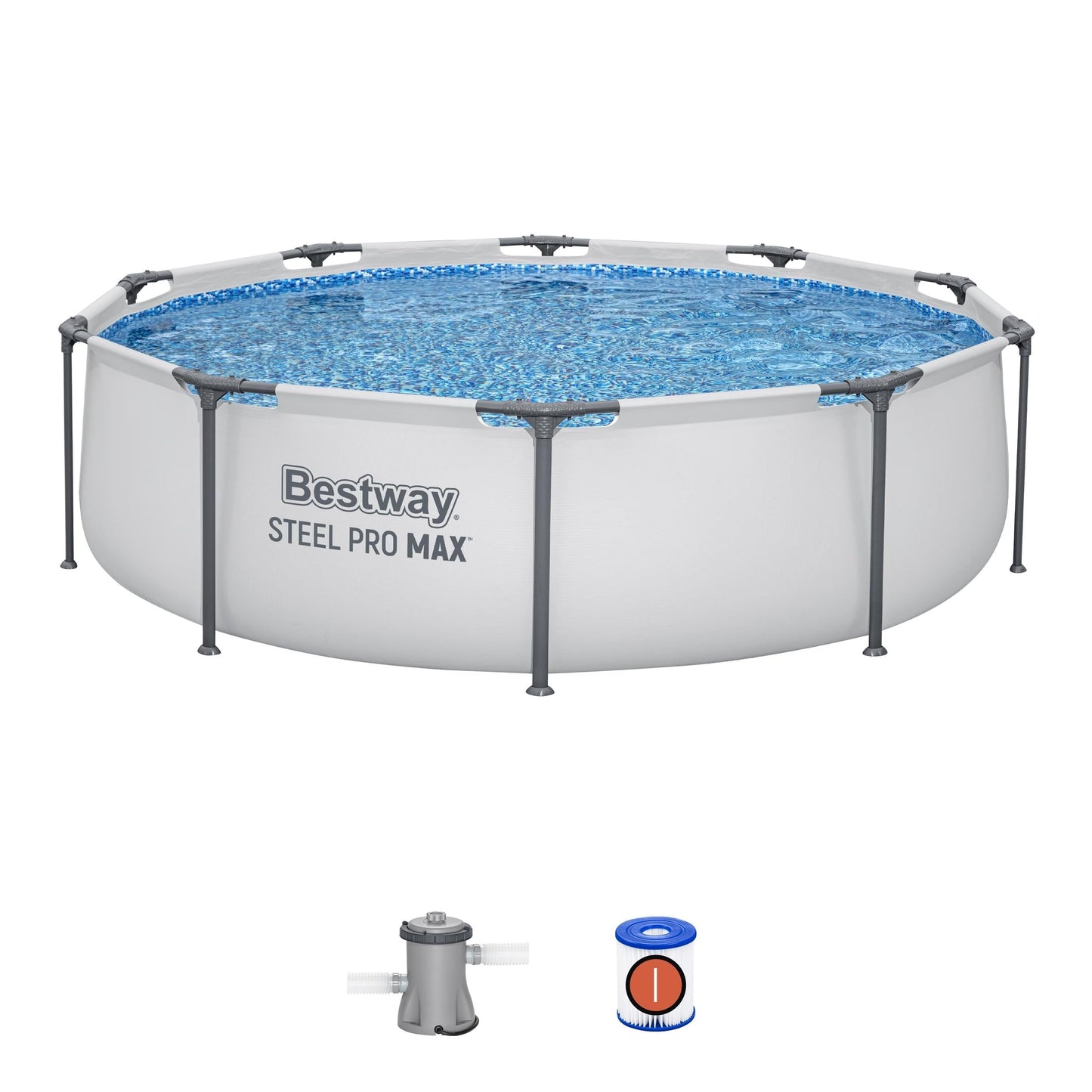 Bestway MAX Steel Pro Round Frame Swimming Pool with Filter Pump, Grey, 10 ft, Multicolour