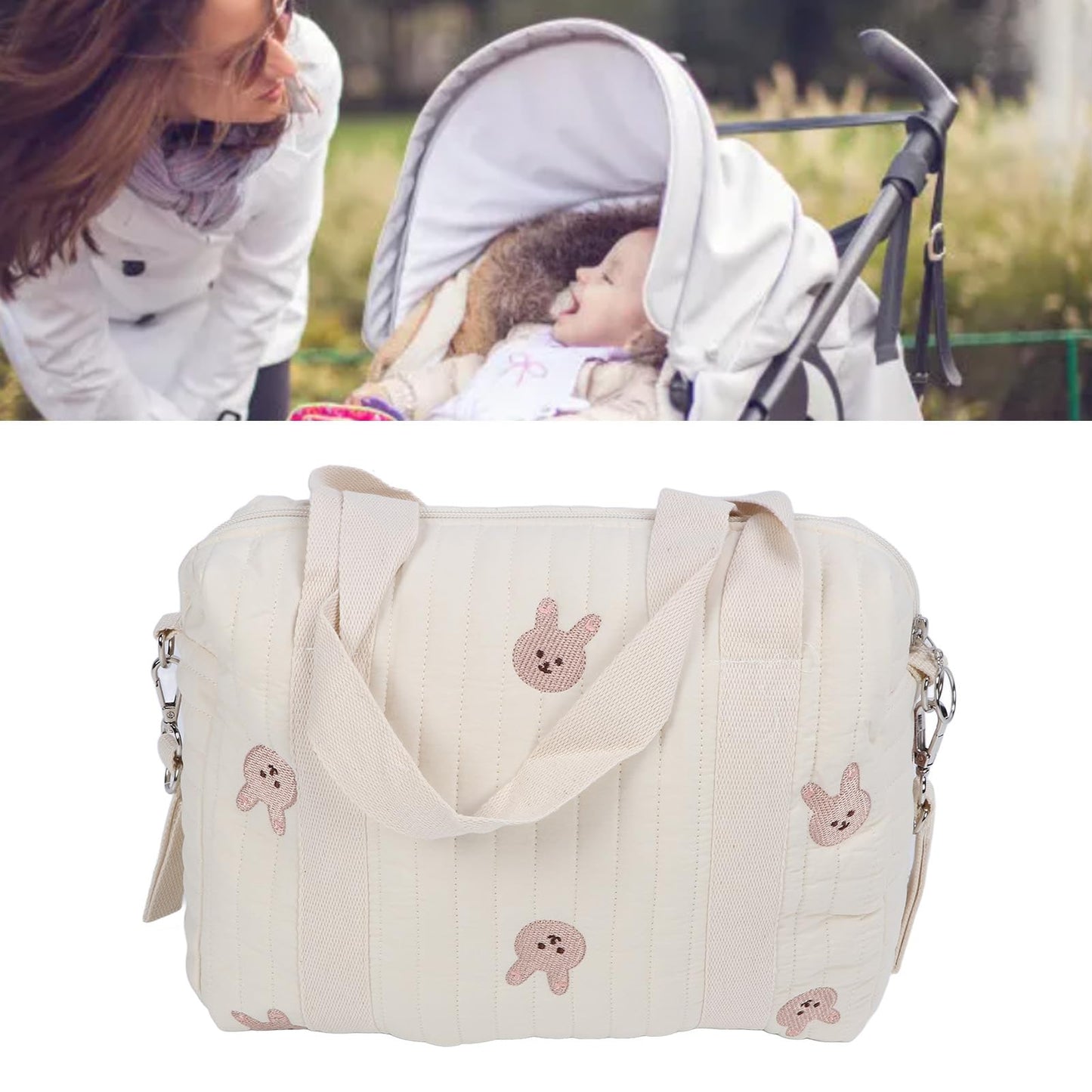 Baby Stroller Storage Bag, Cotton Cloth Reusable Handbag Pram Organiser Bag Multifunctional Pushchair Organiser with Zipper Pockets for Pram Travel 32x12x25cm (#3)