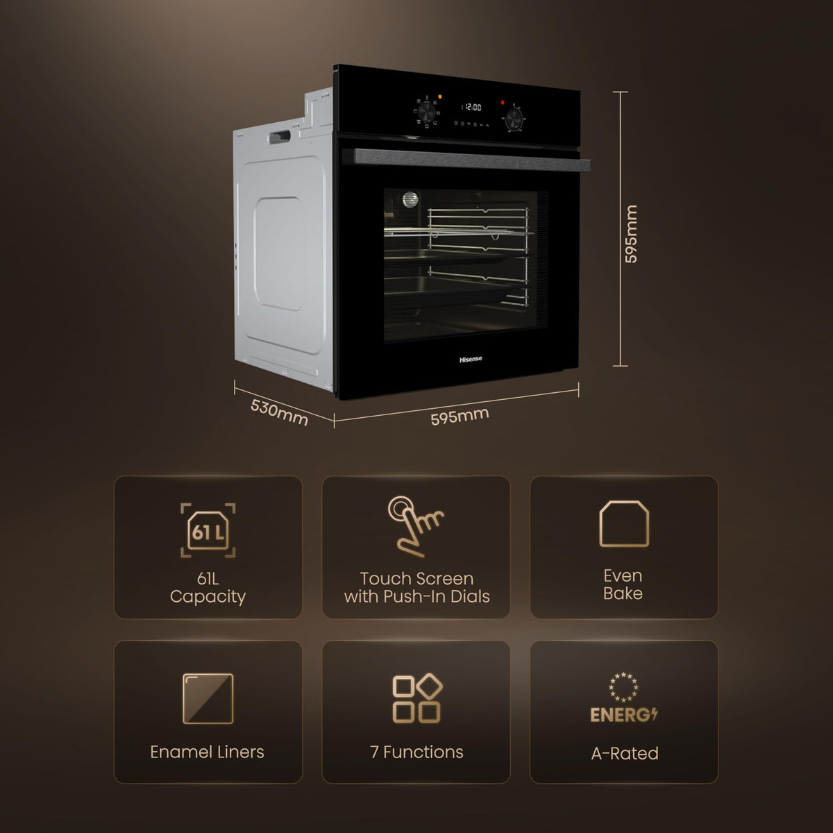 Hisense BI62020ABGUK - Built-in 60L Electric Single Oven - Black - 530x595x595 mm (DxWxH) - A Rated, Extra Large
