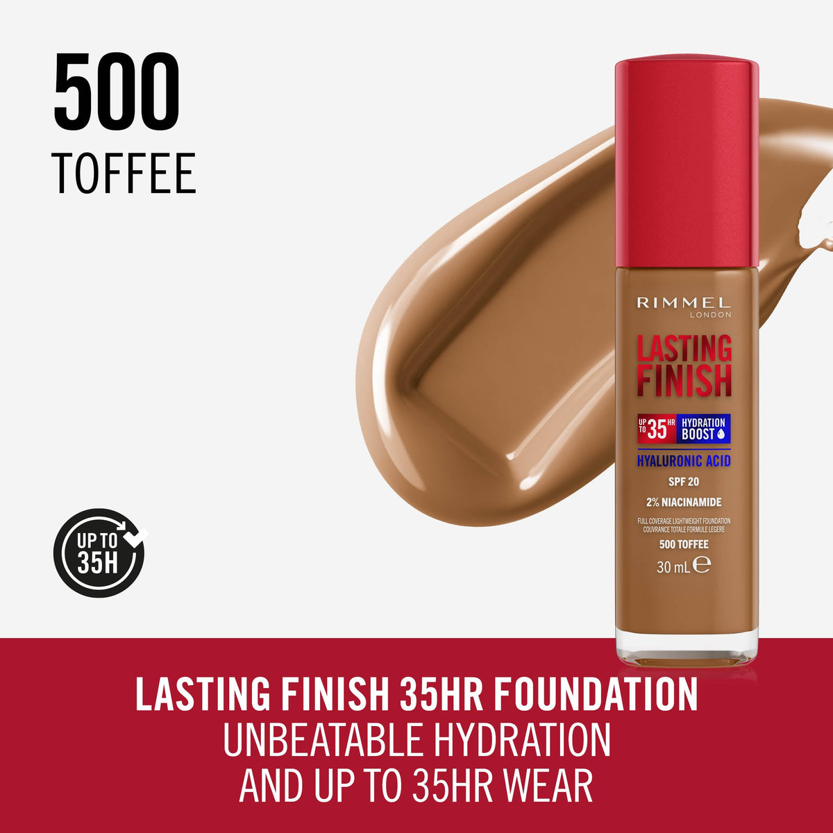 Rimmel Lasting Finish 35Hr Foundation 300 Sand, Full Coverage, Hydrating, SPF20, Hyaluronic Acid, Vitamin E, 2% Niacinamide, All Day Wear, Vegan, Cruelty Free