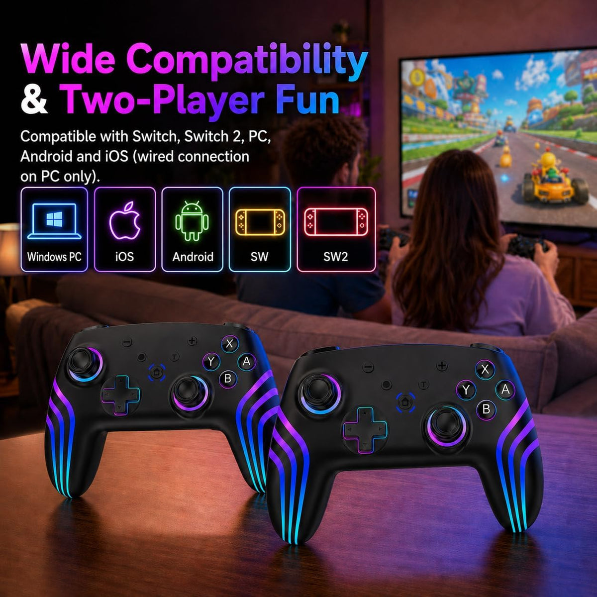 Riscvma 2pcs Controller for Switch/Switch 2/Lite/OLED/PC, Wireless Controller for Switch with 7 Color Changing RGB Lighting/Dual Vibration/6 Axis Gyroscope/Turbo, Ergonomic Precise Joystick