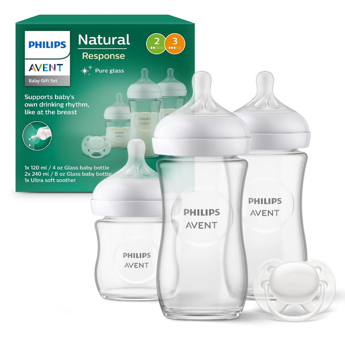 Philips Avent Natural Response Glass Baby Bottles 8oz/240 ml with Medium Flow Teats (Flow 3), 2 Pack, SCY933/02
