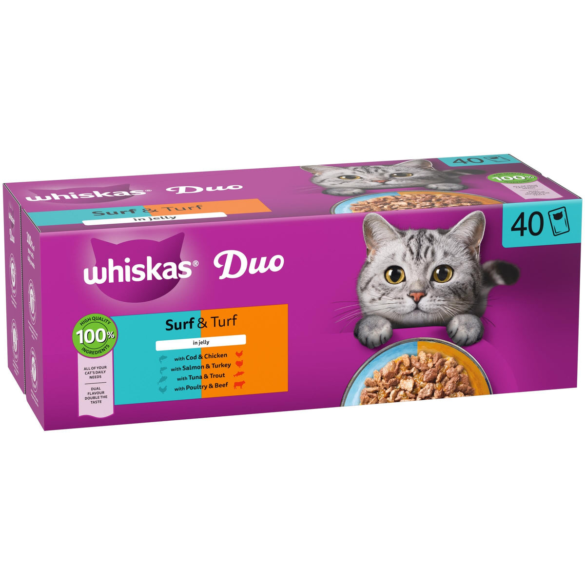 WHISKAS DUO Adult Wet Cat Food in Jelly 12x85g Surf & Turf (Pack of 4)