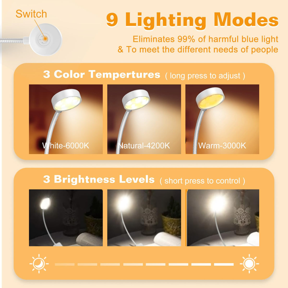 KTEBO Book Reading Light 2 Packs Rechargeable, Eye Care 10 LED Lamp for Reading in Bed - Adjustable Brightness, 3 Color Temperatures, 30+ Hours Runtime, Gifts for Book Lovers