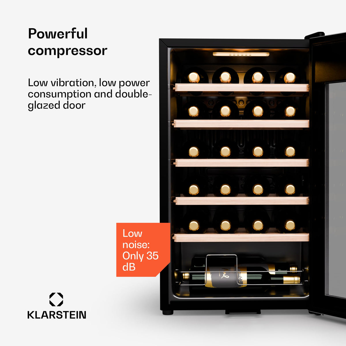 KLARSTEIN Shiraz Wine Cooler Black – 8 Bottles, 1 Zone | Freestanding Wine Fridge with Glass Door, Quiet, 5–18 °C, LED, Stainless Steel Frame