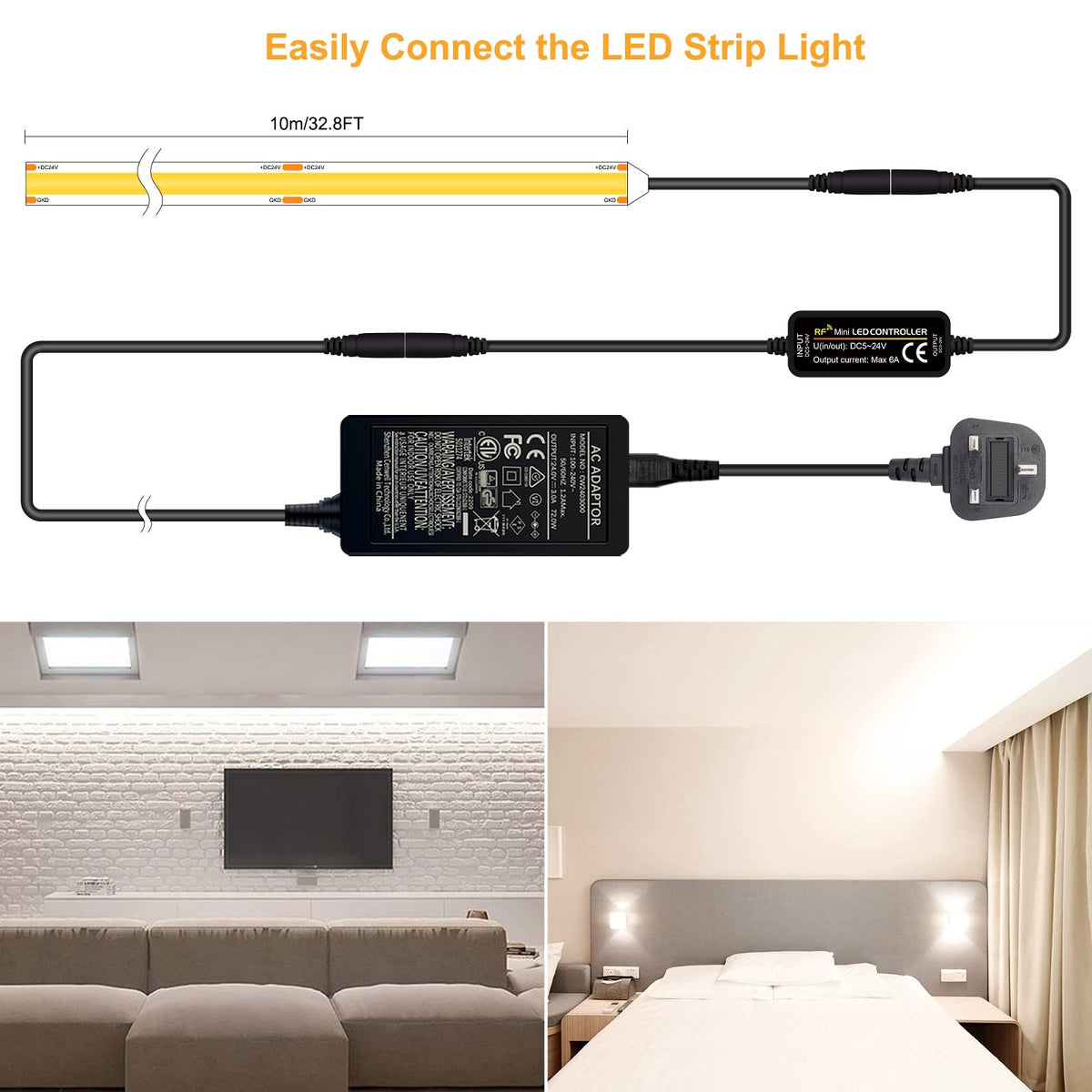 TTWAY COB LED Strip Lights 2700K, Dimmable LED Strip Kit, Super Bright 24V LED Tape Lights CRI90+ with RF Remote and UKCA Power Supply for DIY Home Decoration, 5M, 2400LEDs, Warm White.