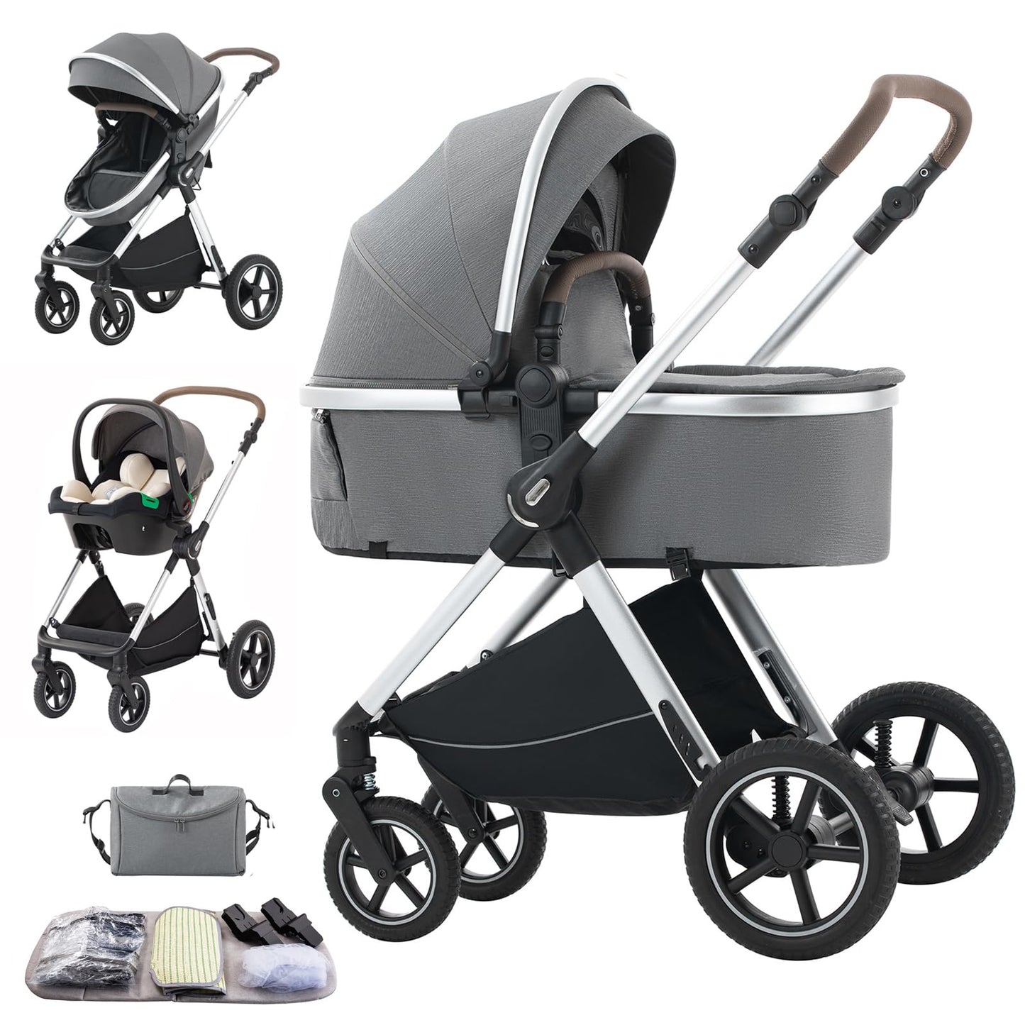 Stroller 3 in 1 Travel System Aluminium Frame High Landscape Combined Strollers Lightweight Folding Pram for Newborns Toddlers 0-36 Months from Birth Aluminium Pushchair (D2/Pink, H2-D)