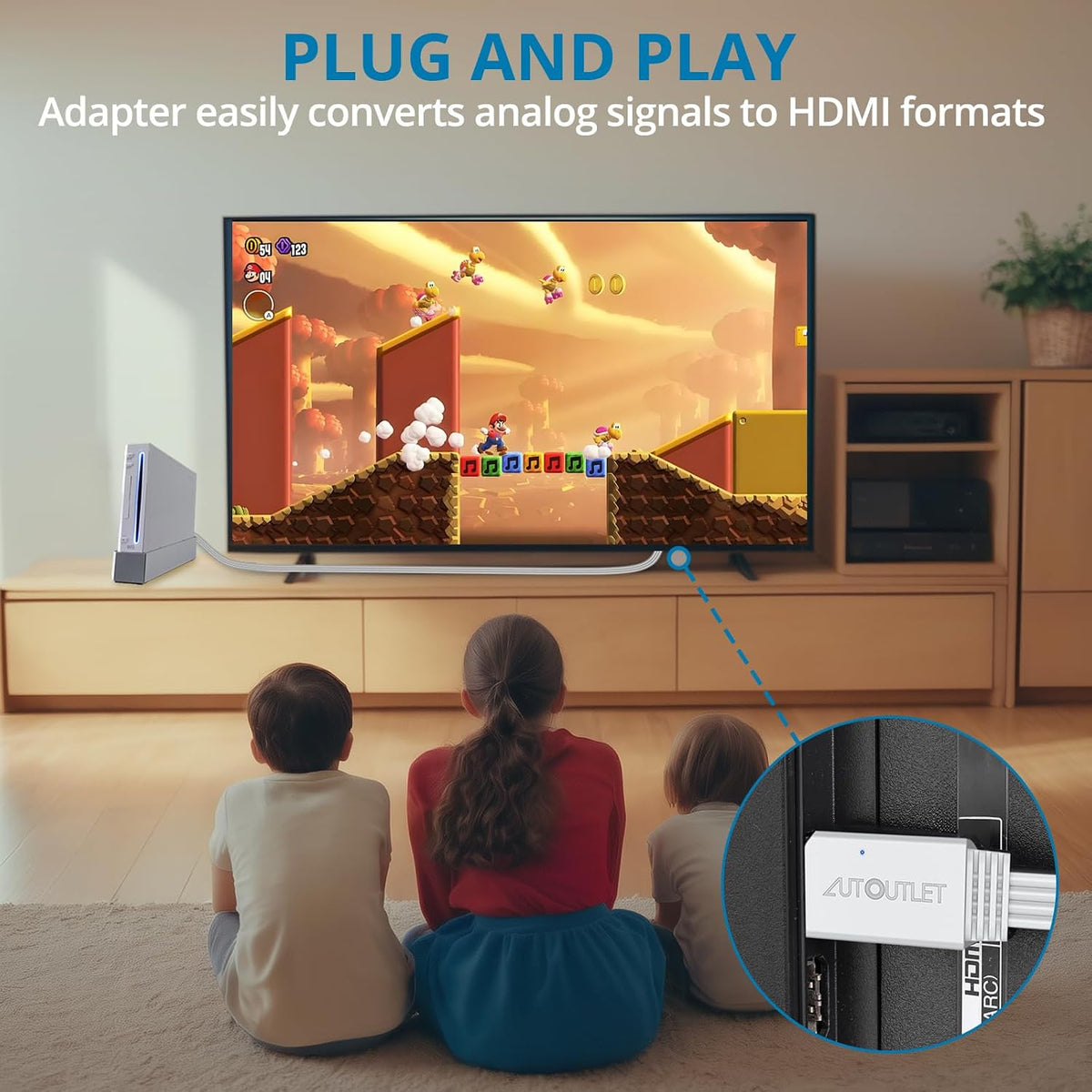 AUTOUTLET Wii to HDMI Converter 1080P 5ft/150 cm for Full HD Device, Adapter with HDMI Male Cable Output Compatible with Nintendo Wii, Wii U, HDTV, Monitor-Supports All Wii Display Modes