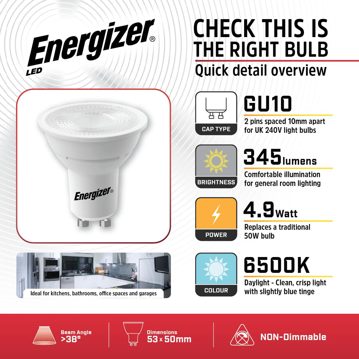 Energizer GU10 LED Bulbs Daylight White - 6500K 50W Halogen Spotlight Equivalent – 345LM - Non Dimmable. Pack of 5