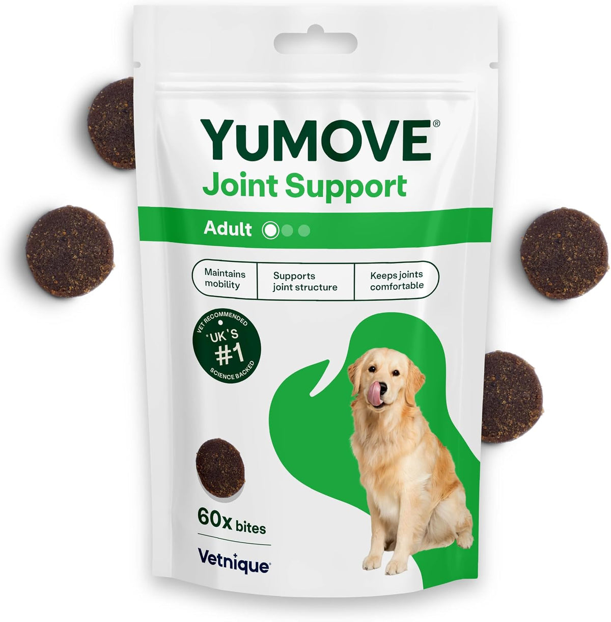 YuMOVE Joint Supplement for Dogs, Daily Bites for Joint Care, Essential Dog Hip and Joint Support for Stiff Adult Dogs with Glucosamine, Chondroitin, Green Lipped Mussel, 60 Tablets