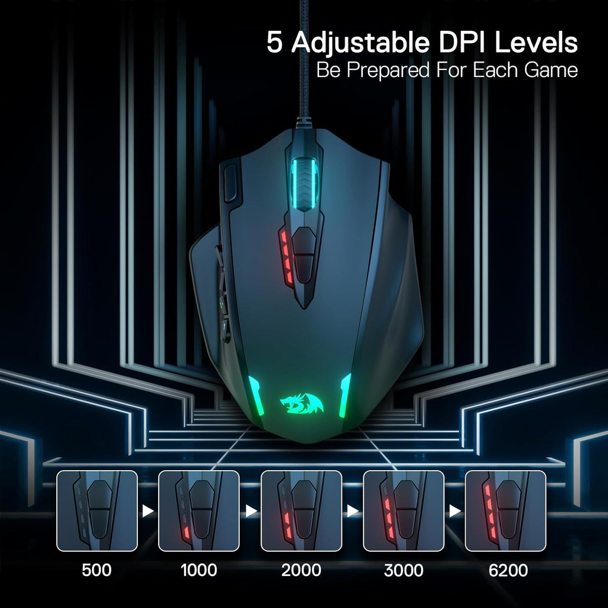 Redragon M908 Impact RGB LED MMO Gaming Mouse With 12 Side Buttons, Optical Wired Ergonomic Mouse with Max 12,400DPI, High Precision, 18 Programmable Macro Shortcuts, Comfort Grip