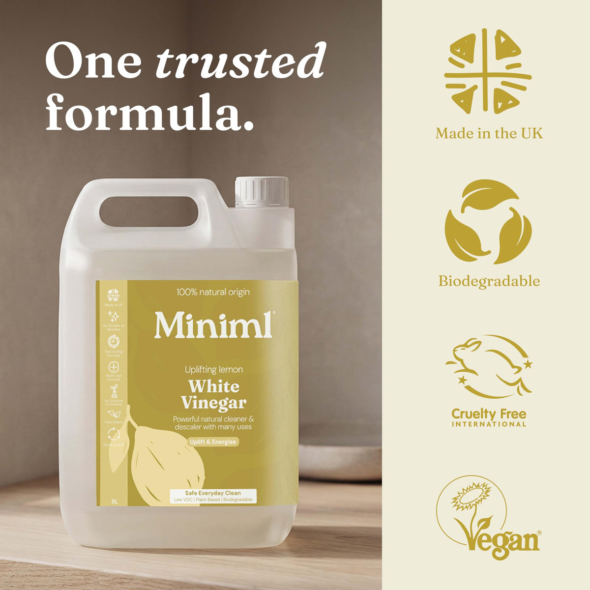 Miniml Eco White Vinegar Cleaning Unscented 750ml - All Natural Multi-Surface & Multi-Purpose Cleaner, Limescale Remover, Laundry Softener & More - 100% Vegan & Cruelty Free