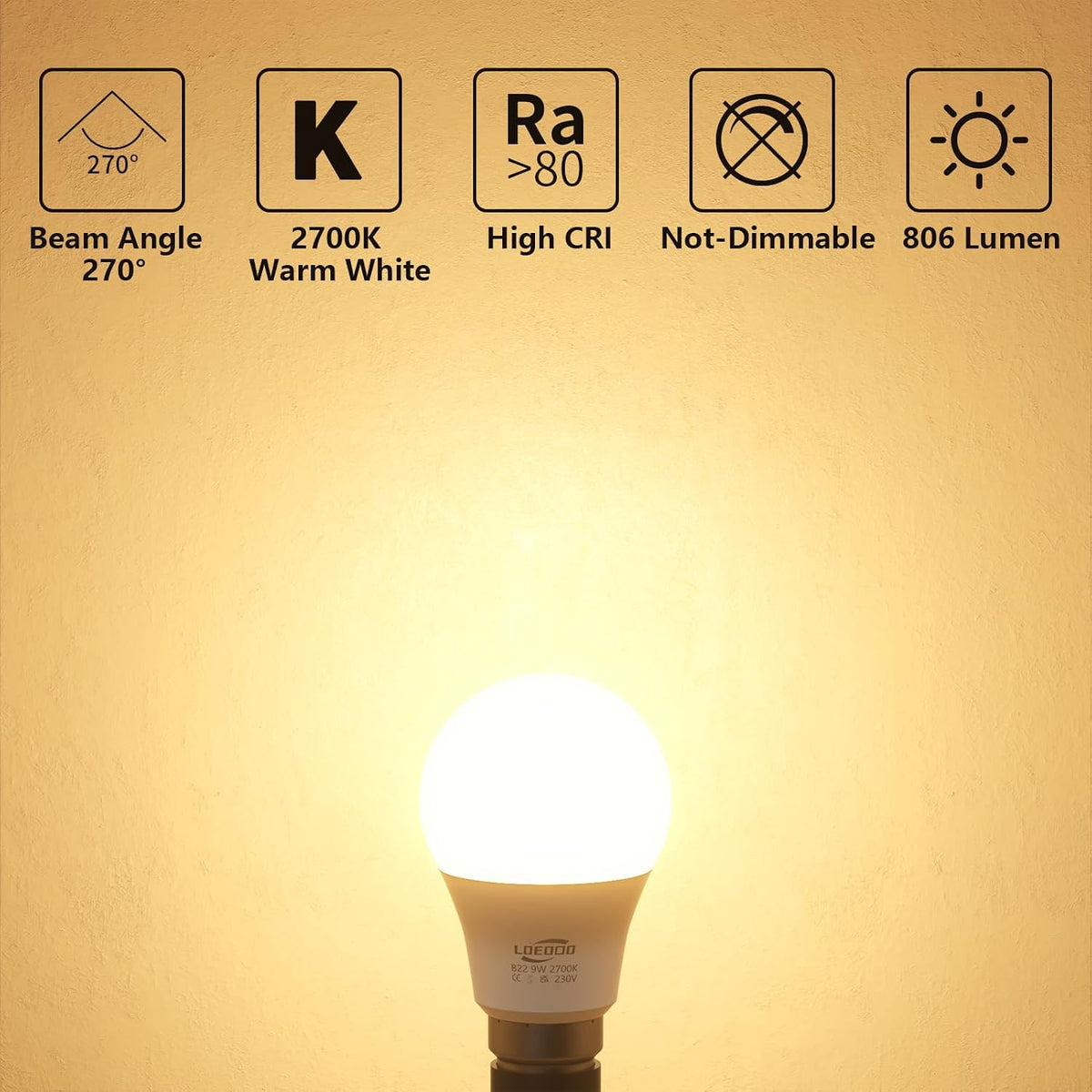B22 Bayonet Light Bulb 9W=60W, 6000K Cool White, 806LM, Pack of 6