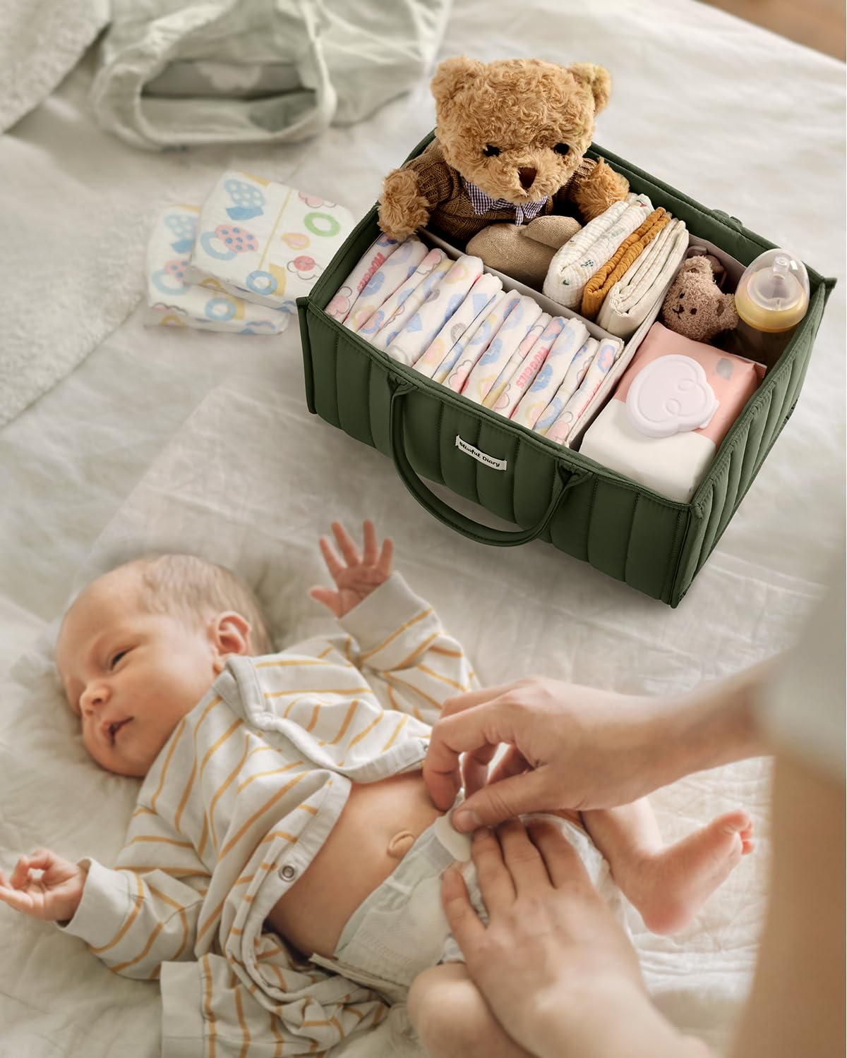 Blissful Diary Nappy Caddy Organiser, Baby Diaper Caddy for Nappy Station, Stylish Storage Basket for Newborn Essentials, Baby Shower Gifts for Girl or Boy, Woodland Cream