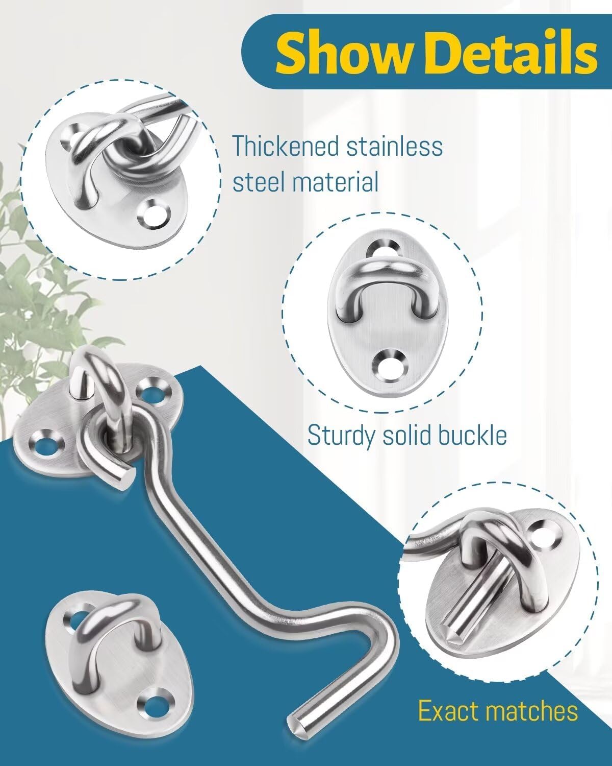 4 Inch Hook and Eye Latch, 1Pcs Stainless Steel Silver Gate Hook