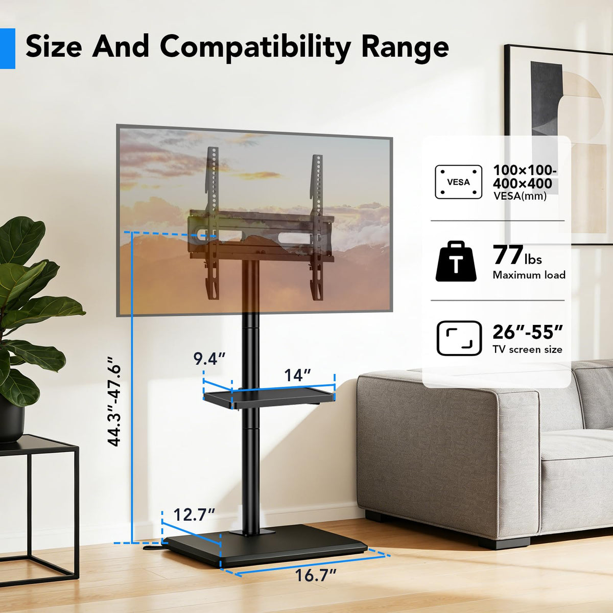 Floor TV Stand with Mount for 26-55 inch TVs up to 35 kg, Height Adjustable Swivel Tilt TV Stand with Wood Base & Shelf, Saving Space Design for Bedroom, Living Room and Corner, White