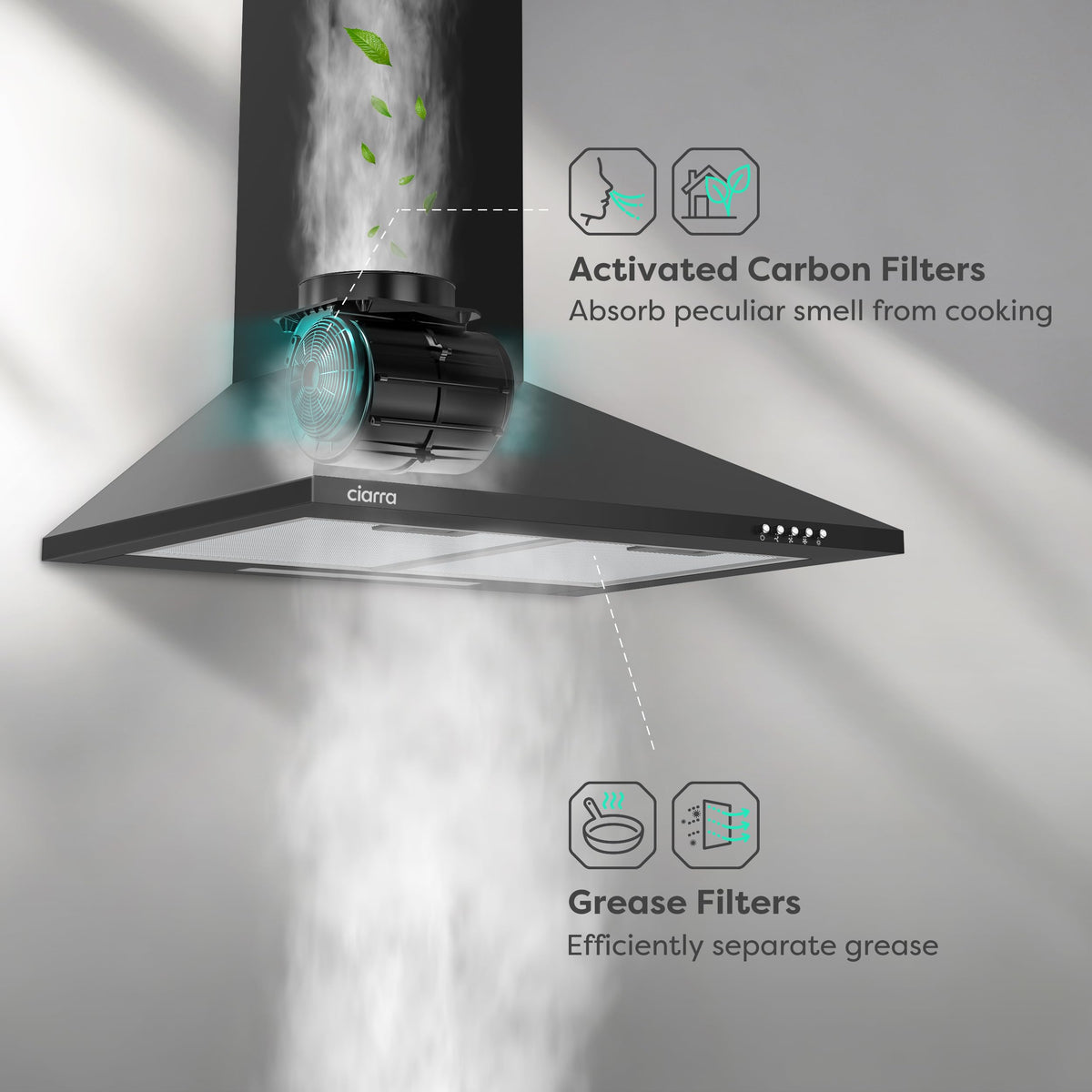 CIARRA 90cm Wall-Mount Cooker Hood 370m³/h Ducting & Recirculation CAS9201A