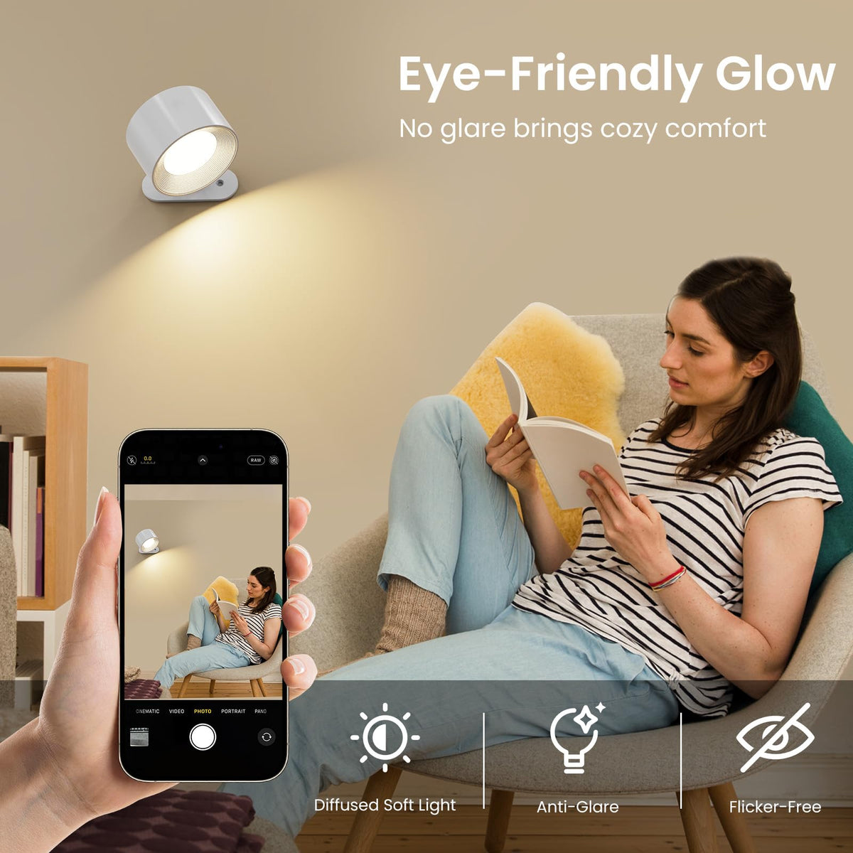 Coollamp LED Battery Operated Wall Lights, 3Pack Wall Lamp with Remote Control 3 Color Modes 3 Brightness Levels 360°Rotate Magnetic, Reading Lights for Living Room Bedroom Black