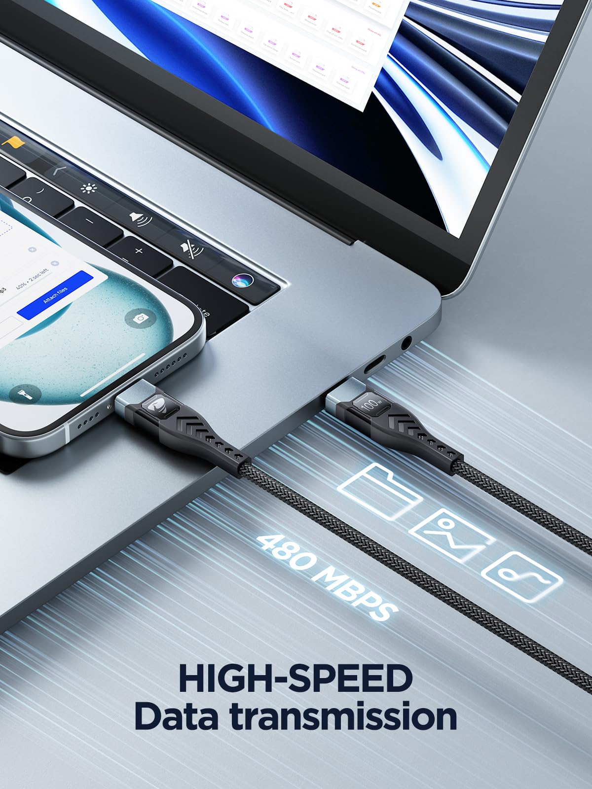 USB-C to C 1M 100W PD3.0 Fast Charging Cable - Compatible with MacBook Pro, iPad Air, iPhone 15, Samsung S23/S22/S21 Ultra, Pixel 7/6, Switch, PS5