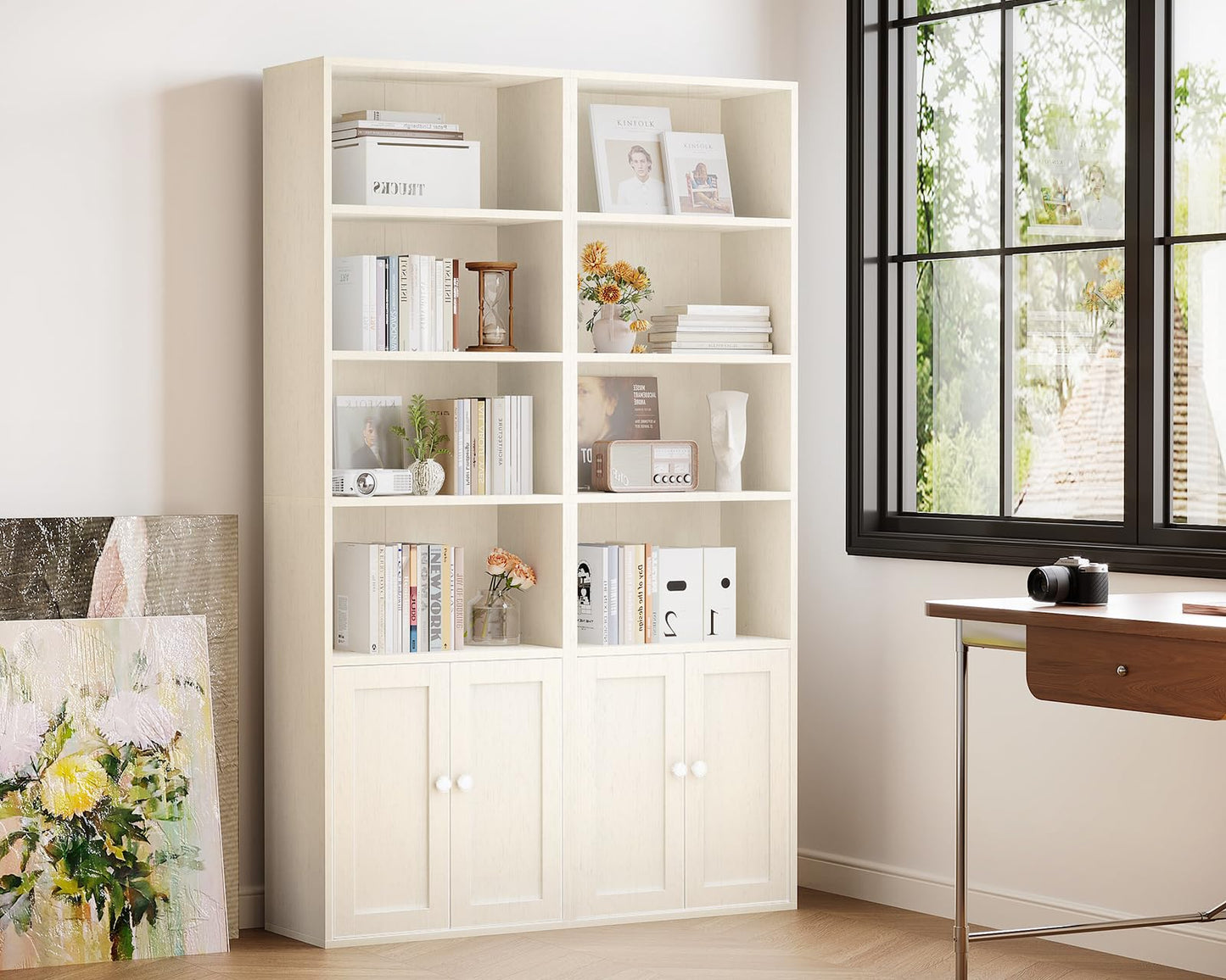 Coleshome 6-Tier Bookcase with Doors and Cabinet, Bookshelf Floor Standing Display Storage Shelf, Bookcases for Home, Office, Living Room, Bedroom, White, 48 x 24 x 176.4