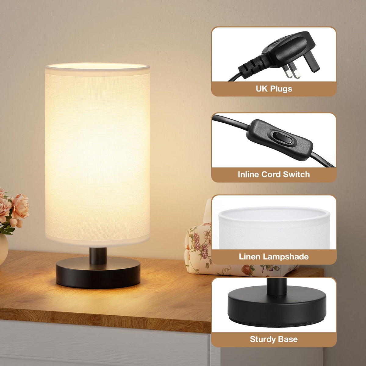 Aooshine Bedside Lamps, 3000K Warm Table Lamp for Bedroom Living Room