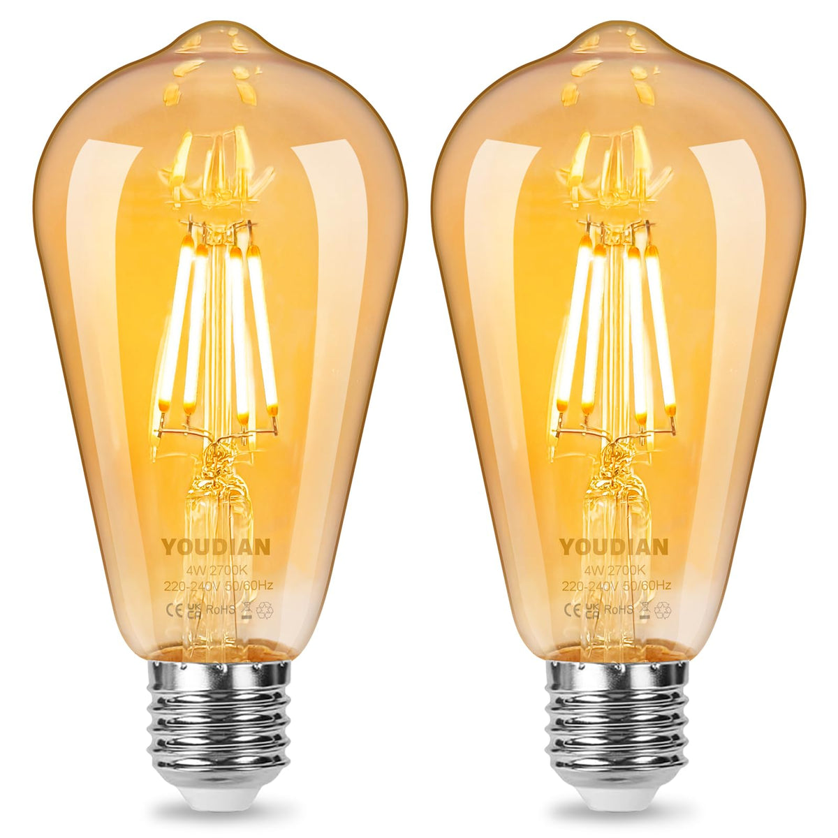 YOUDIAN E27 LED Edison Screw Bulb,Vintage Light Bulb ST64 4W(Pack of 2)