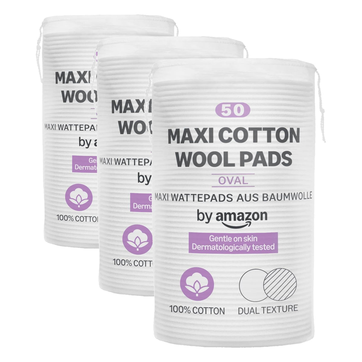 by Amazon Maxi Cotton Wool Pads, Dual Texture, 100% Cotton, 50 Pads